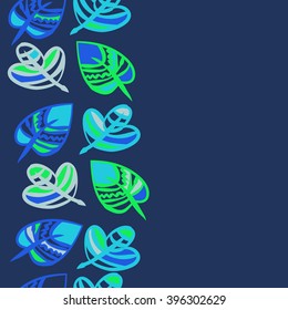 Vertical seamless  pattern of floral motif,  leaves, zigzag, hole, spots, copy space. Hand drawn.