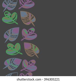 Vertical seamless  pattern of floral motif,  leaves, zigzag, hole, spots, copy space. Hand drawn.