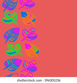 Vertical seamless  pattern of floral motif,  leaves, zigzag, hole, spots, copy space. Hand drawn.