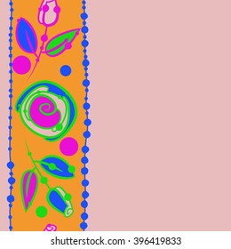 Vertical seamless  pattern of floral motif, spirals,stripes, leaves, branches, hole, spots,stylized flower, copy space. Hand drawn.