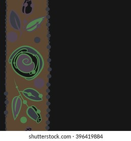 Vertical seamless  pattern of floral motif, spirals,stripes, leaves, branches, hole, spots,stylized flower, copy space. Hand drawn.