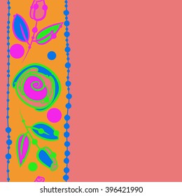 Vertical seamless  pattern of floral motif, spirals,stripes, leaves, branches, hole, spots,stylized flower, copy space. Hand drawn.