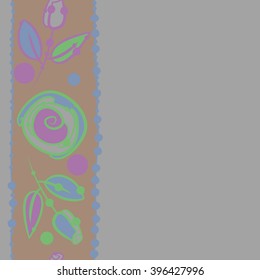 Vertical seamless  pattern of floral motif, spirals,stripes, leaves, branches, hole, spots,stylized flower, copy space. Hand drawn.