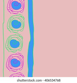 Vertical seamless pattern of floral motif, stylized rosy, leaves, spirals, doodles, stripes, copy space. Hand drawn.