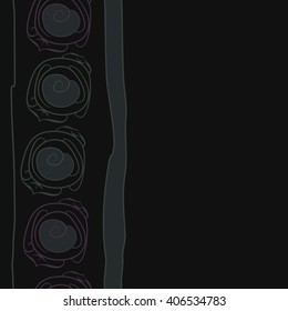 Vertical seamless pattern of floral motif, stylized rosy, leaves, spirals, doodles, stripes, copy space. Hand drawn.