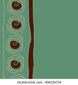 Vertical seamless pattern of floral motif, stylized rosy, leaves, spirals, doodles, stripes, copy space. Hand drawn.