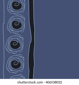 Vertical seamless pattern of floral motif, stylized rosy, leaves, spirals, doodles, stripes, copy space. Hand drawn.