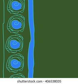 Vertical seamless pattern of floral motif, stylized rosy, leaves, spirals, doodles, stripes, copy space. Hand drawn.