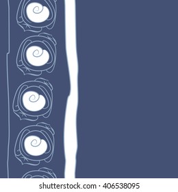 Vertical seamless pattern of floral motif, stylized rosy, leaves, spirals, doodles, stripes, copy space. Hand drawn.