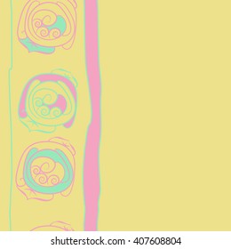 Vertical seamless   pattern of floral motif, doodles, stylized rosy, leaves, spirals, stripes, copy space. Hand drawn.