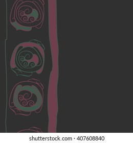 Vertical seamless   pattern of floral motif, doodles, stylized rosy, leaves, spirals, stripes, copy space. Hand drawn.