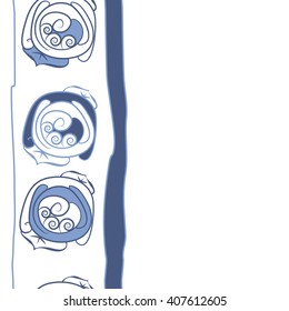 Vertical seamless   pattern of floral motif, doodles, stylized rosy, leaves, spirals, stripes, copy space. Hand drawn.