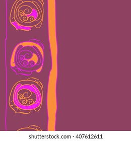 Vertical seamless   pattern of floral motif, doodles, stylized rosy, leaves, spirals, stripes, copy space. Hand drawn.