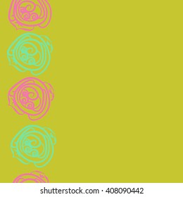  Vertical, seamless pattern of floral motif, doodles, stylized rosy, leaves, spirals,  copy space. Hand drawn.