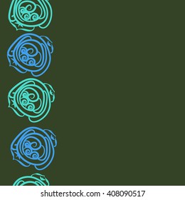  Vertical, seamless pattern of floral motif, doodles, stylized rosy, leaves, spirals,  copy space. Hand drawn.