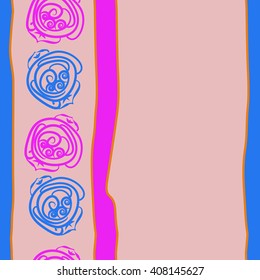 Vertical seamless pattern of floral motif, doodles, stylized rosy, leaves, spirals, stripes, spots, copy space. Hand drawn.