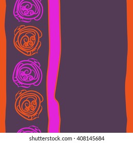 Vertical seamless pattern of floral motif, doodles, stylized rosy, leaves, spirals, stripes, spots, copy space. Hand drawn.