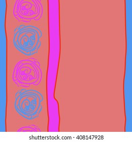 Vertical seamless pattern of floral motif, doodles, stylized rosy, leaves, spirals, stripes, spots, copy space. Hand drawn.