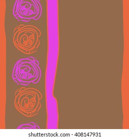  Vertical seamless pattern of floral motif, doodles, stylized rosy, leaves, spirals, stripes, spots, copy space. Hand drawn.