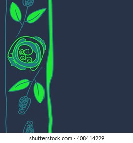 Vertical seamless pattern of floral motif, doodles, stylized rosy, leaves, spirals, stripes, spots,branches, bud,  copy space. Hand drawn.