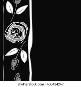 Vertical seamless pattern of floral motif, doodles, stylized rosy, leaves, spirals, stripes, spots,branches, bud,  copy space. Hand drawn.