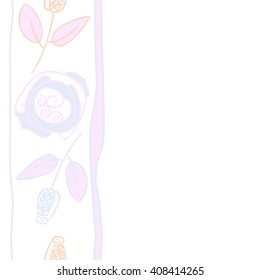 Vertical seamless pattern of floral motif, doodles, stylized rosy, leaves, spirals, stripes, spots,branches, bud,  copy space. Hand drawn.