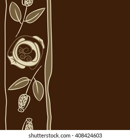 Vertical seamless pattern of floral motif, doodles, stylized rosy, leaves, spirals, stripes, spots,branches, bud,  copy space. Hand drawn.