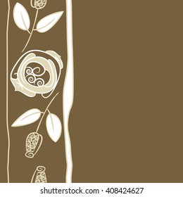 Vertical seamless pattern of floral motif, doodles, stylized rosy, leaves, spirals, stripes, spots,branches, bud,  copy space. Hand drawn.
