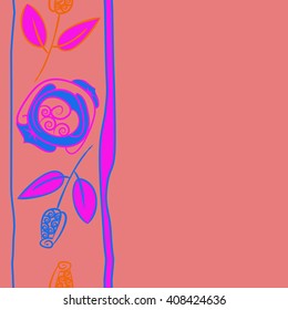 Vertical seamless pattern of floral motif, doodles, stylized rosy, leaves, spirals, stripes, spots,branches, bud,  copy space. Hand drawn.