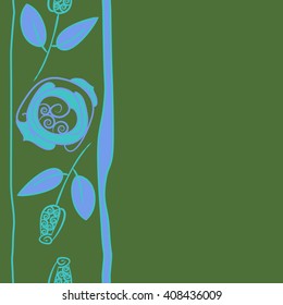 Vertical seamless pattern of floral motif, doodles, stylized rosy, leaves, spirals, stripes, spots,branches, bud,  copy space. Hand drawn.