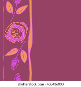 Vertical seamless pattern of floral motif, doodles, stylized rosy, leaves, spirals, stripes, spots,branches, bud,  copy space. Hand drawn.