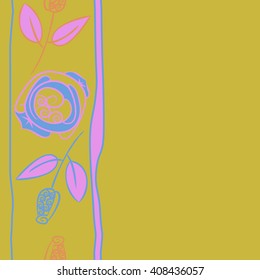 Vertical seamless pattern of floral motif, doodles, stylized rosy, leaves, spirals, stripes, spots,branches, bud,  copy space. Hand drawn.