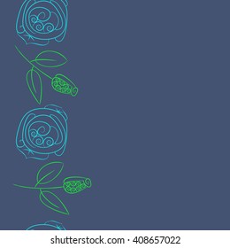  Vertical seamless pattern of floral motif, doodles, stylized rosy, leaves, spirals, branches, bud,  copy space. Hand drawn.