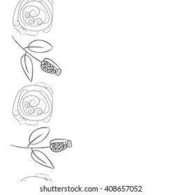  Vertical seamless pattern of floral motif, doodles, stylized rosy, leaves, spirals, branches, bud,  copy space. Hand drawn.