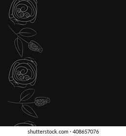  Vertical seamless pattern of floral motif, doodles, stylized rosy, leaves, spirals, branches, bud,  copy space. Hand drawn.