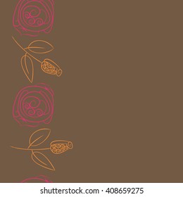  Vertical seamless pattern of floral motif, doodles, stylized rosy, leaves, spirals, branches, bud,  copy space. Hand drawn.