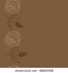  Vertical seamless pattern of floral motif, doodles, stylized rosy, leaves, spirals, branches, bud,  copy space. Hand drawn.