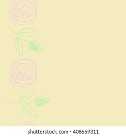  Vertical seamless pattern of floral motif, doodles, stylized rosy, leaves, spirals, branches, bud,  copy space. Hand drawn.