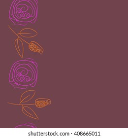  Vertical seamless pattern of floral motif, doodles, stylized rosy, leaves, spirals, branches, bud,  copy space. Hand drawn.