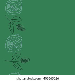  Vertical seamless pattern of floral motif, doodles, stylized rosy, leaves, spirals, branches, bud,  copy space. Hand drawn.