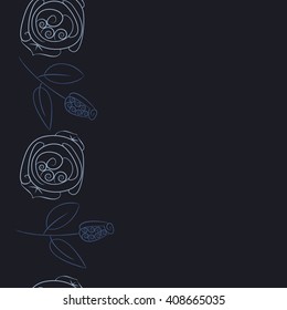  Vertical seamless pattern of floral motif, doodles, stylized rosy, leaves, spirals, branches, bud,  copy space. Hand drawn.