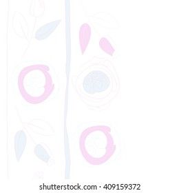 Vertical seamless pattern of floral motif, doodles, stylized rosy, leaves, spirals, stripes, spots,branches, bud,  copy space. Hand drawn.