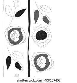Vertical seamless pattern of floral motif, doodles, stylized rosy, leaves, spirals, stripes, spots,branches, bud,  copy space. Hand drawn.