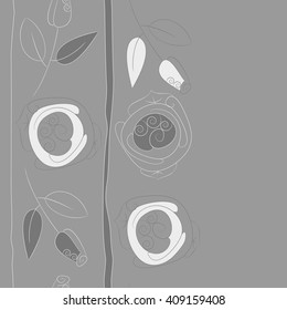 Vertical seamless pattern of floral motif, doodles, stylized rosy, leaves, spirals, stripes, spots,branches, bud,  copy space. Hand drawn.