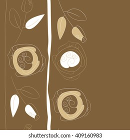 Vertical seamless pattern of floral motif, doodles, stylized rosy, leaves, spirals, stripes, spots,branches, bud,  copy space. Hand drawn.