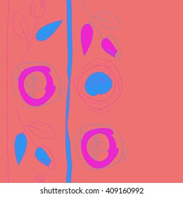 Vertical seamless pattern of floral motif, doodles, stylized rosy, leaves, spirals, stripes, spots,branches, bud,  copy space. Hand drawn.