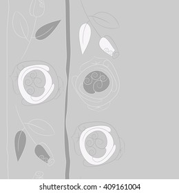 Vertical seamless pattern of floral motif, doodles, stylized rosy, leaves, spirals, stripes, spots,branches, bud,  copy space. Hand drawn.