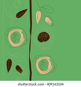 Vertical seamless pattern of floral motif, doodles, stylized rosy, leaves, spirals, stripes, spots,branches, bud,  copy space. Hand drawn.