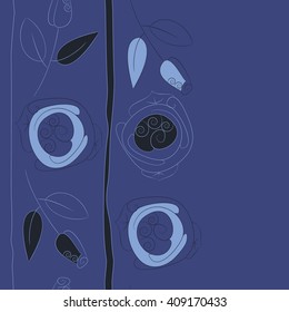 Vertical seamless pattern of floral motif, doodles, stylized rosy, leaves, spirals, stripes, spots,branches, bud,  copy space. Hand drawn.
