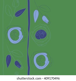 Vertical seamless pattern of floral motif, doodles, stylized rosy, leaves, spirals, stripes, spots,branches, bud,  copy space. Hand drawn.